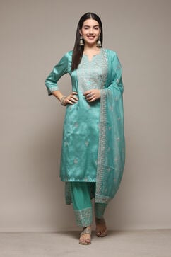 Sea Green Polyester Straight Kurta Salwar Suit Set image number 7