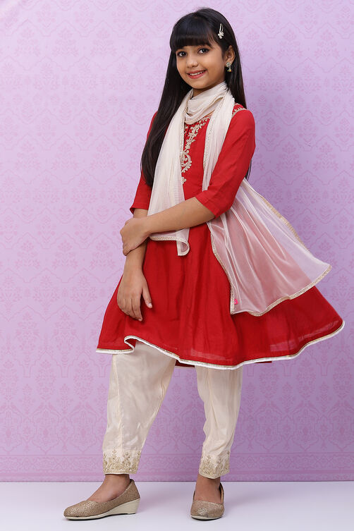 Red Poly Modal Girls Flared Kurta Salwar Suit Set image number 2