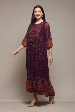 Pink & Purple Polyester Flared Printed Dress image number 2