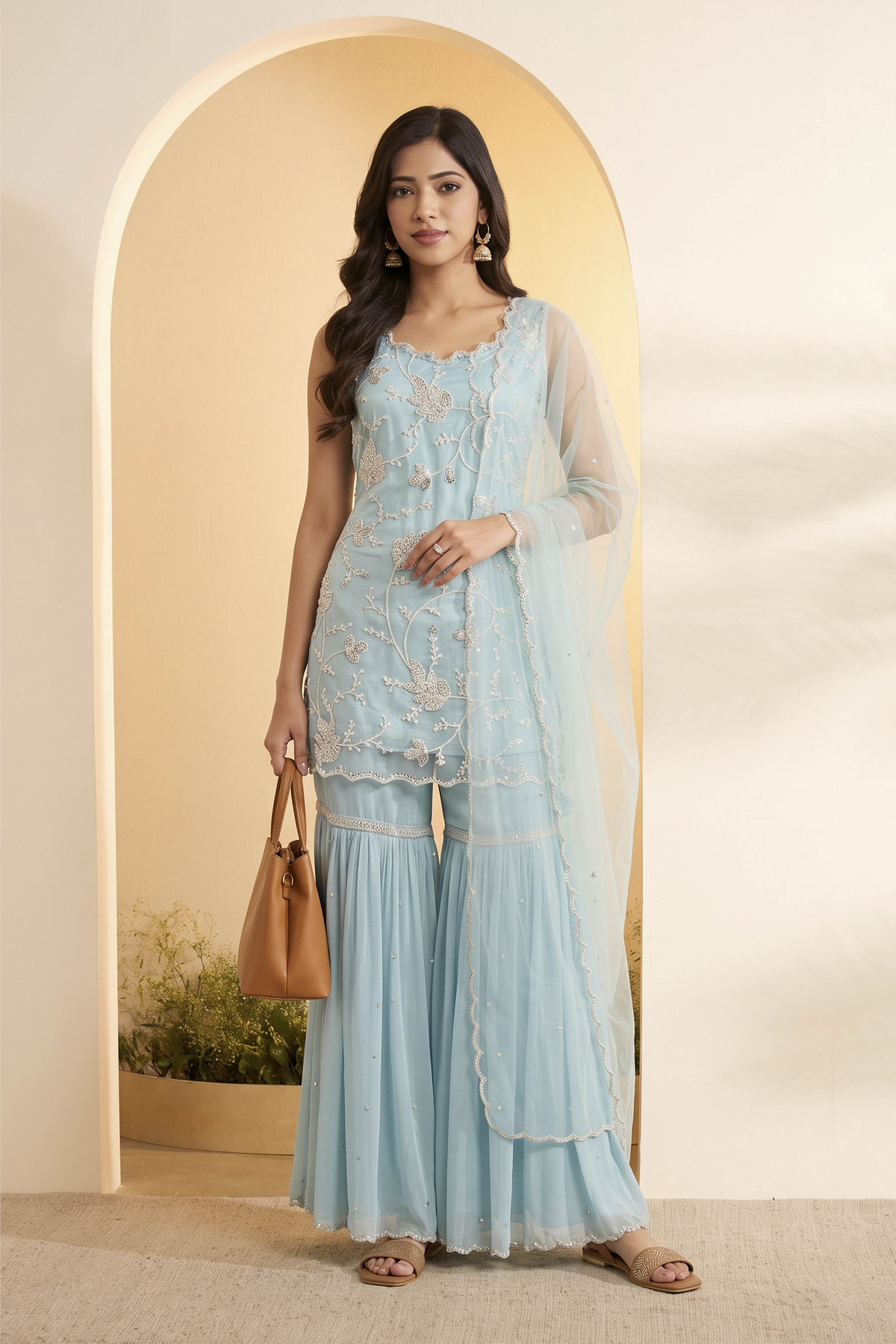 Powder Blue Nylon Embroidered Sharara Set with Net Dupatta