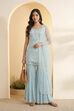 Powder Blue Nylon Embroidered Sharara Set with Net Dupatta image number 0