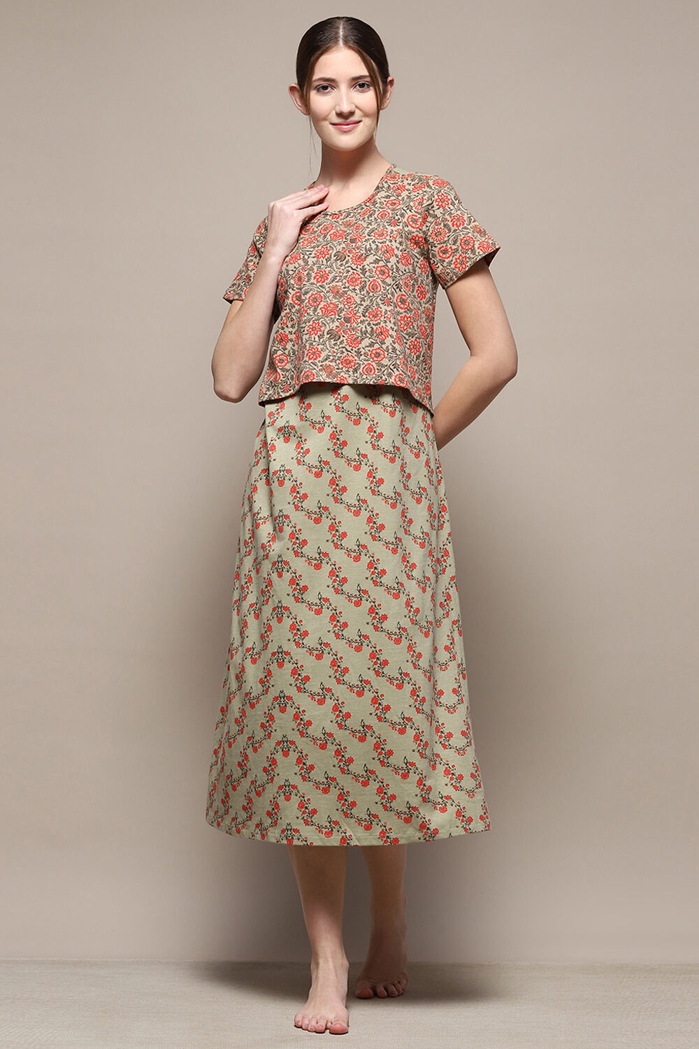 Sage Green Cotton Blend Printed Nightdress image number 0