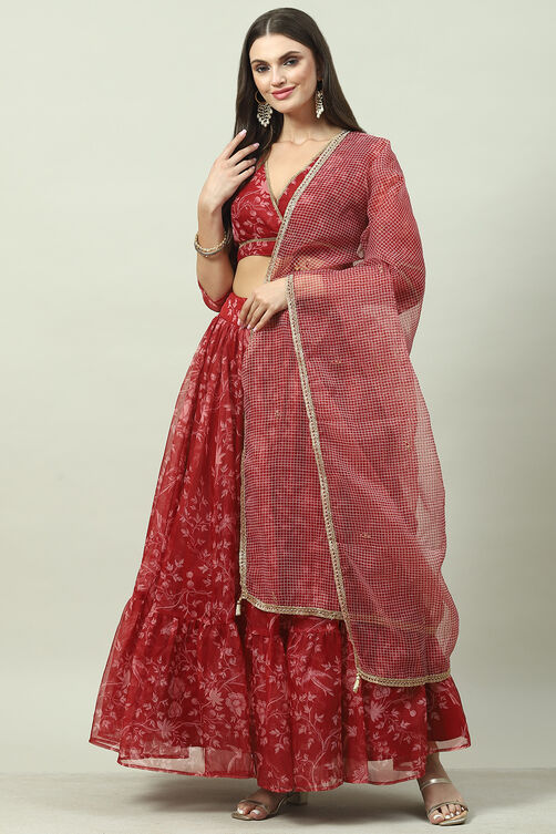 Red Art Silk Lehenga Set image number 5