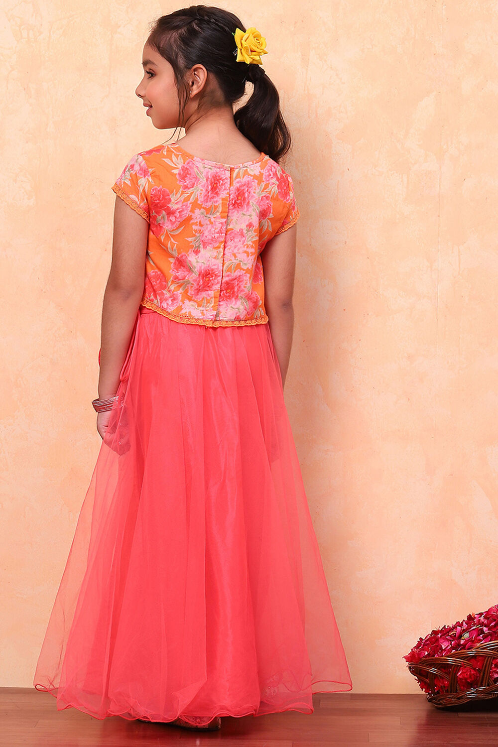 Orange and Pink Floral Festive Flared Lehenga Set image number 4