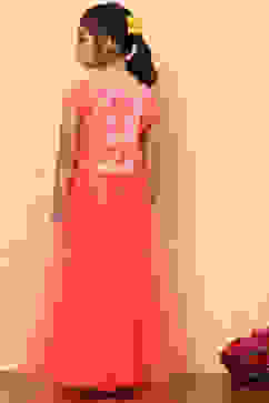 Orange and Pink Floral Festive Flared Lehenga Set image number 4