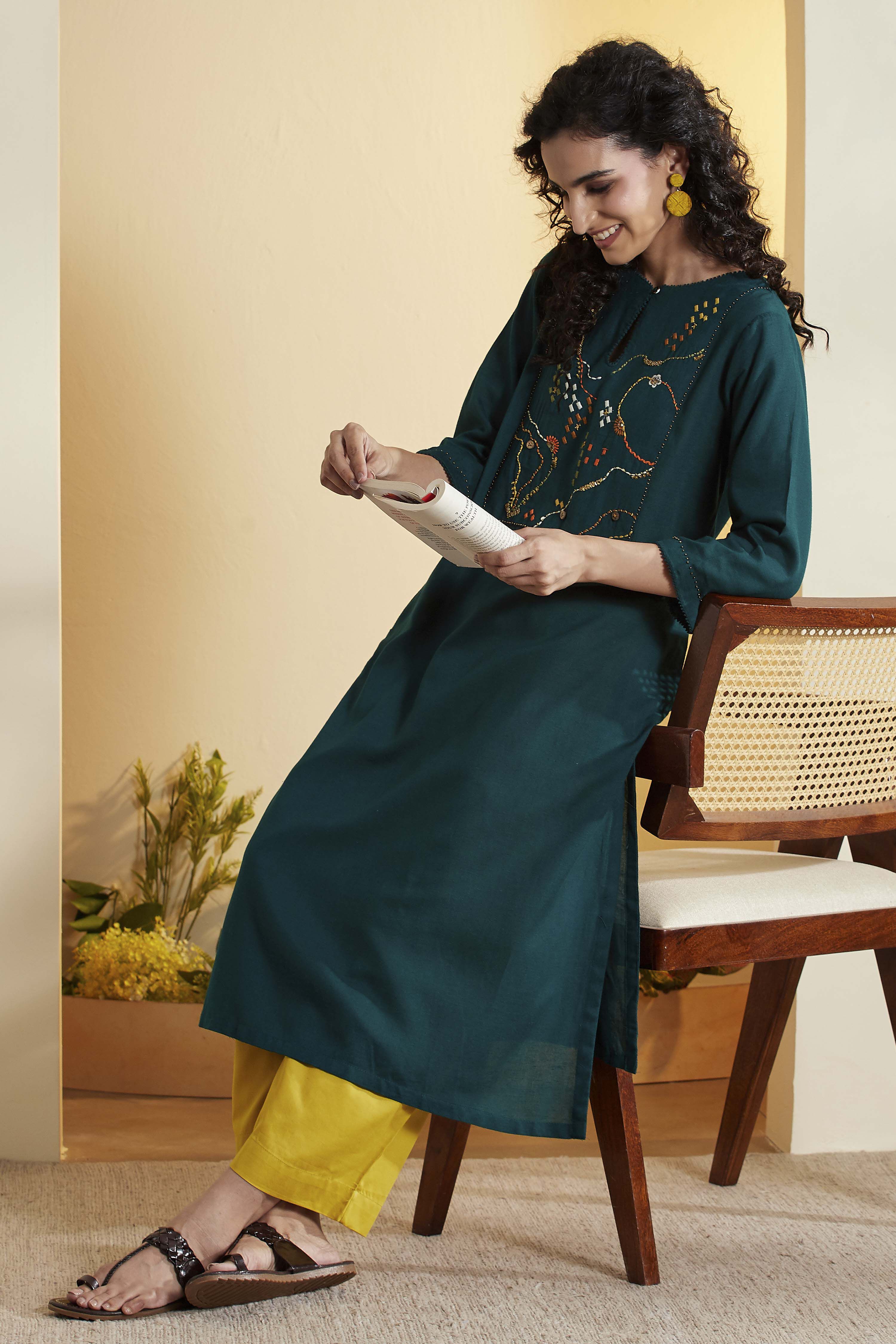 Bottle Green Viscose Rayon Embroidered Yoke Kurta image number 0