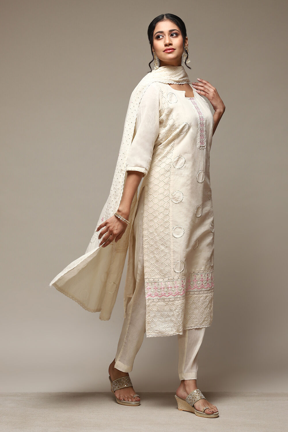 Off White Cotton Schiffly Unstitched Suit Set image number 7