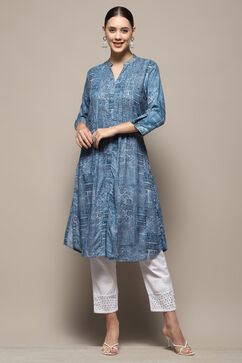 Blue Gathered Printed Straight Kurta image number 6