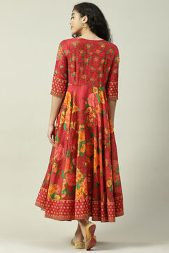 Red Cotton Flared Fusion Printed Dress image number 6
