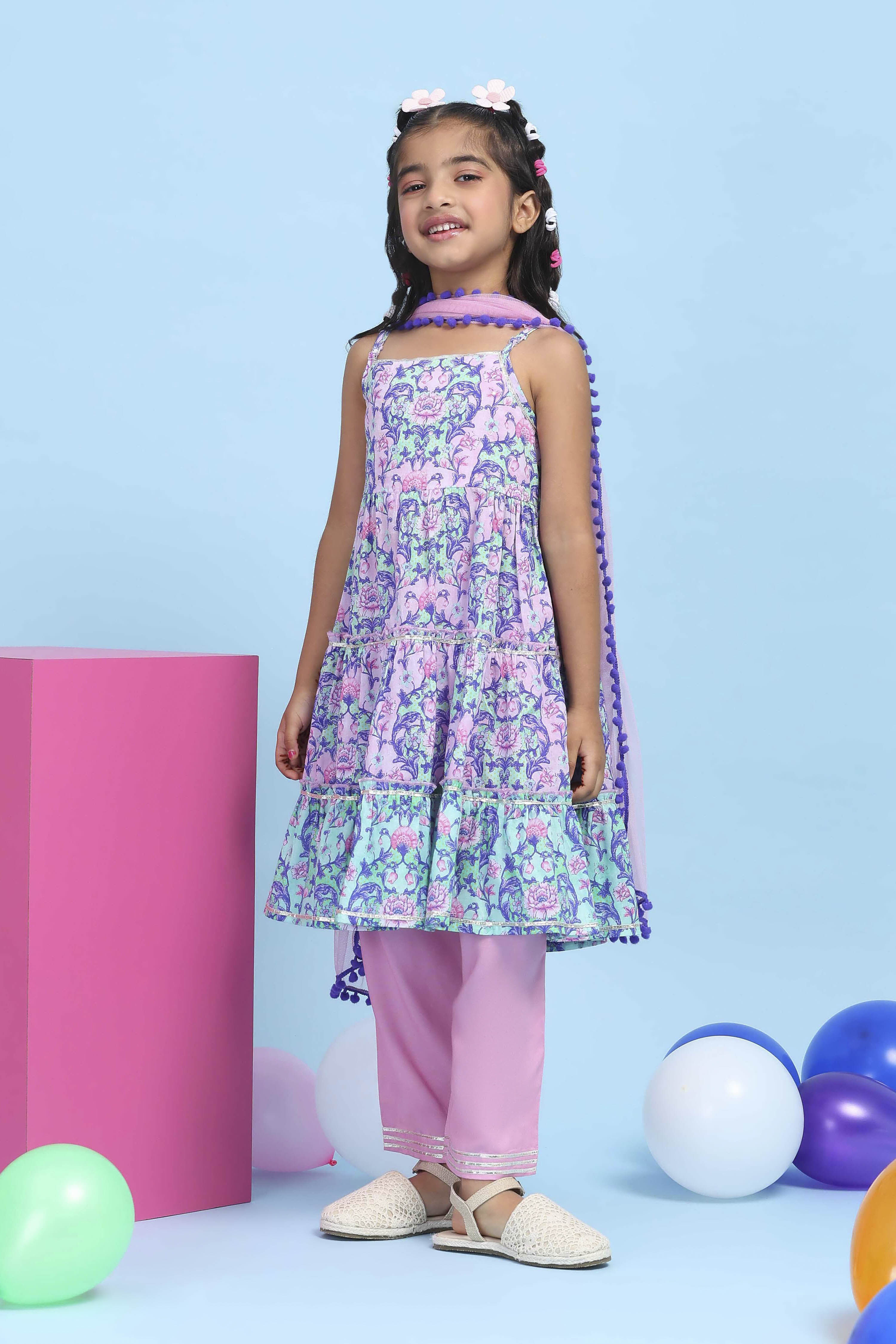 Pink Cotton Printed Tiered Suit Set image number 3