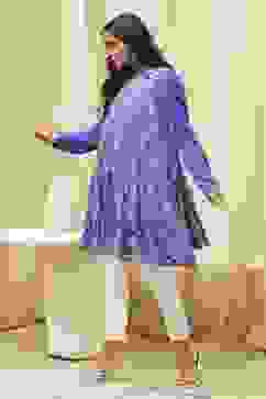 Blue Cotton Printed Shirt-Style Tiered Kurta image number 2