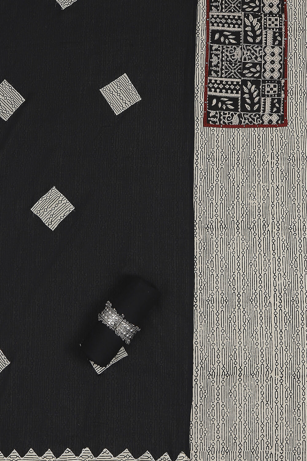 Black Cotton Hand Block Print Unstitched Suit Set image number 1