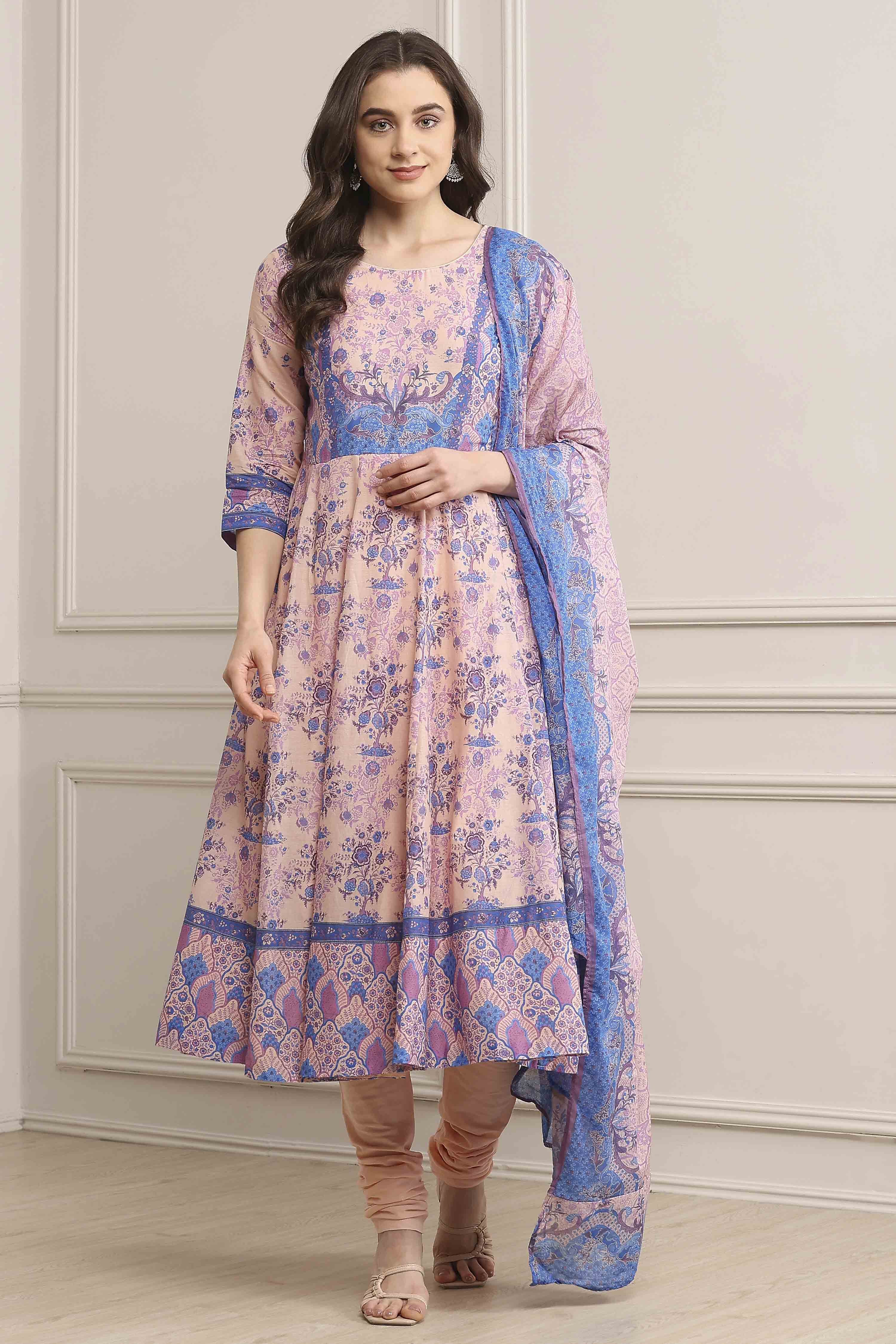 Blue Cotton Printed Anarkali Suit Set image number 0