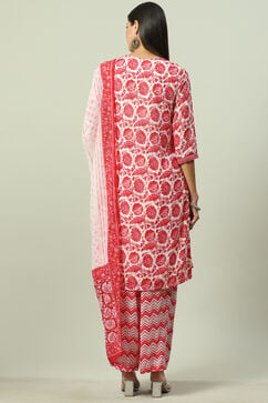 White and Red Cotton Straight Kurta Palazzo Suit Set image number 4