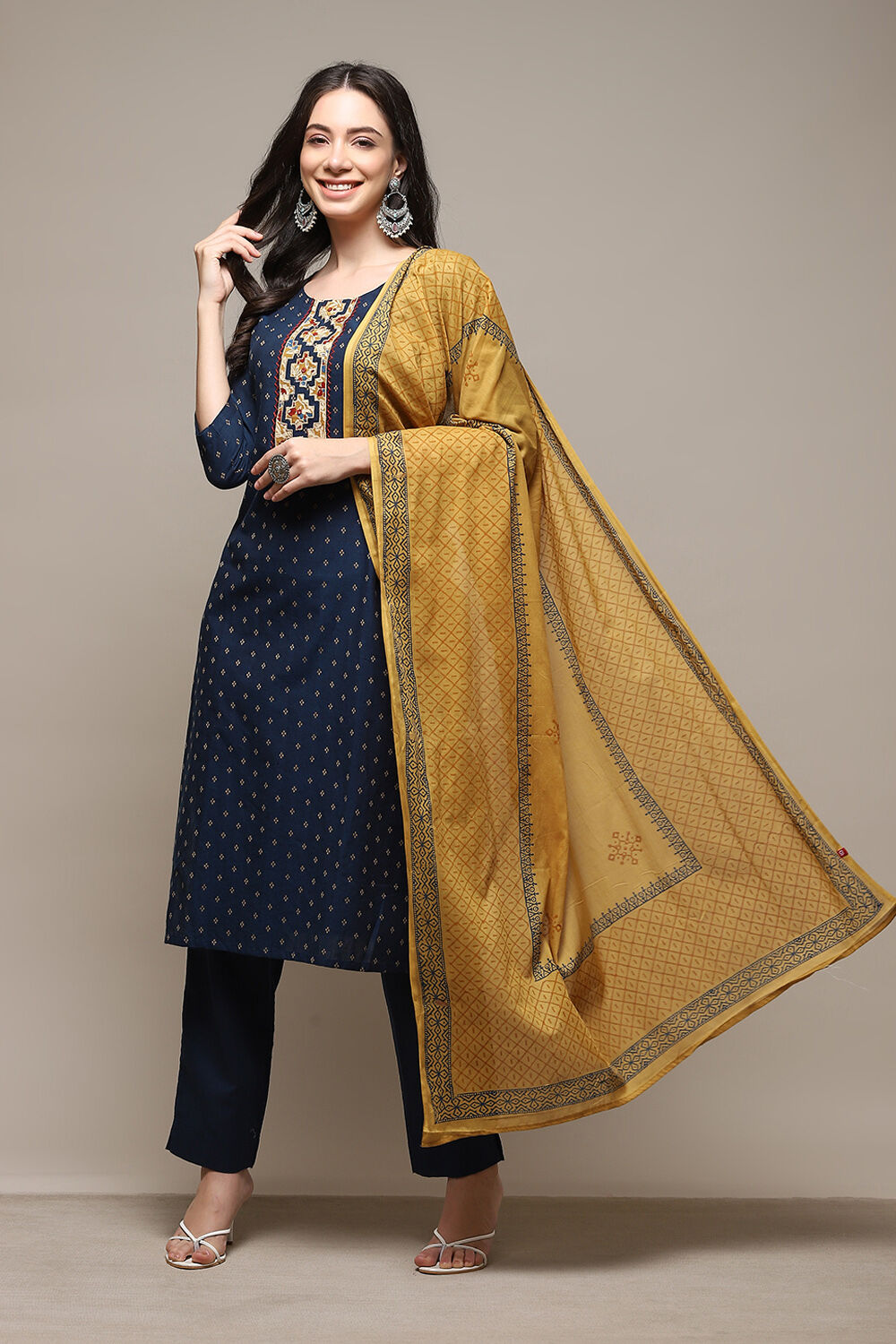 Blue Cotton Printed Unstitched Suit Set image number 1