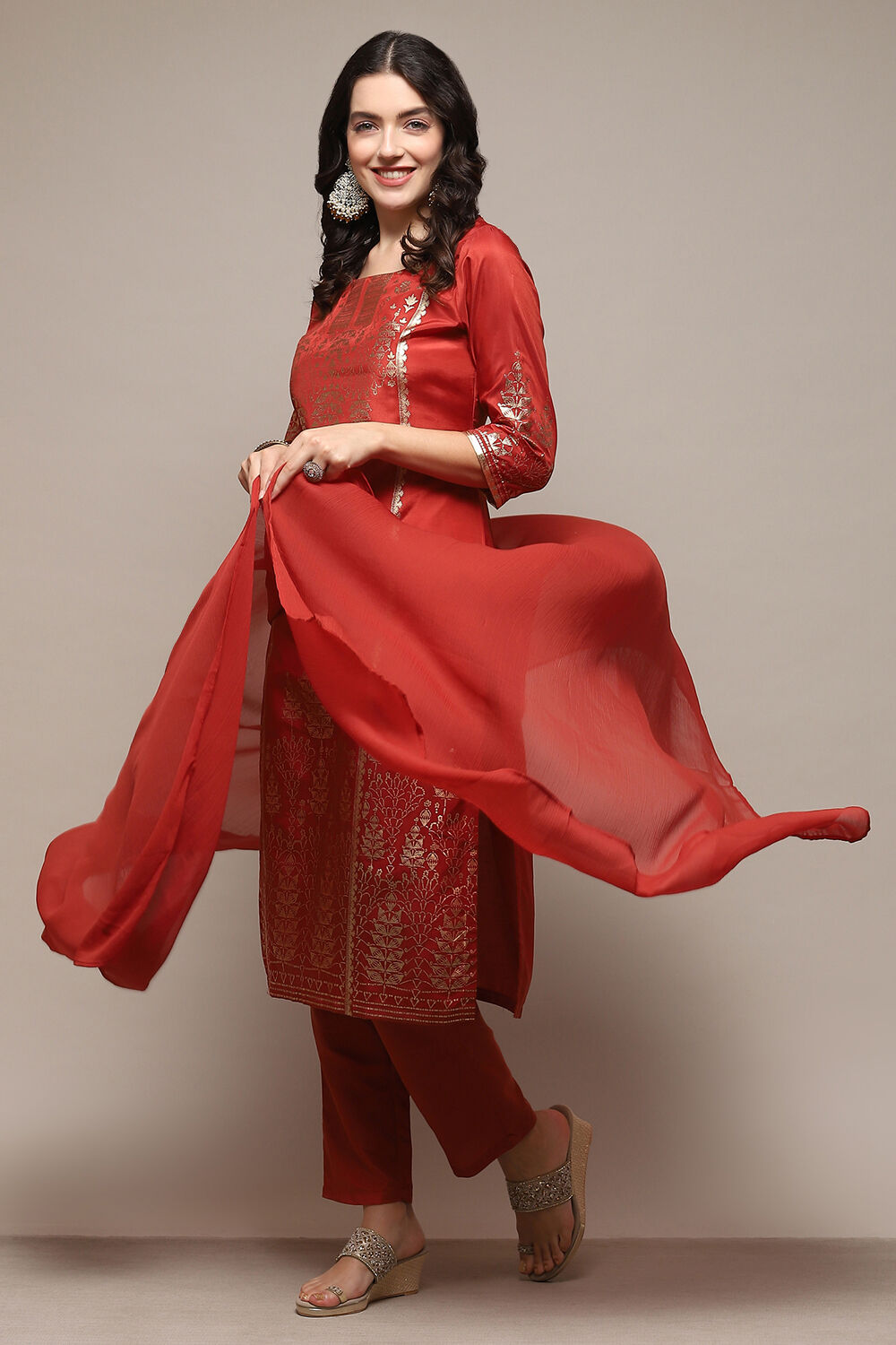 Maroon Poly Shantoon Narrow Kurta Pant Suit Set image number 0