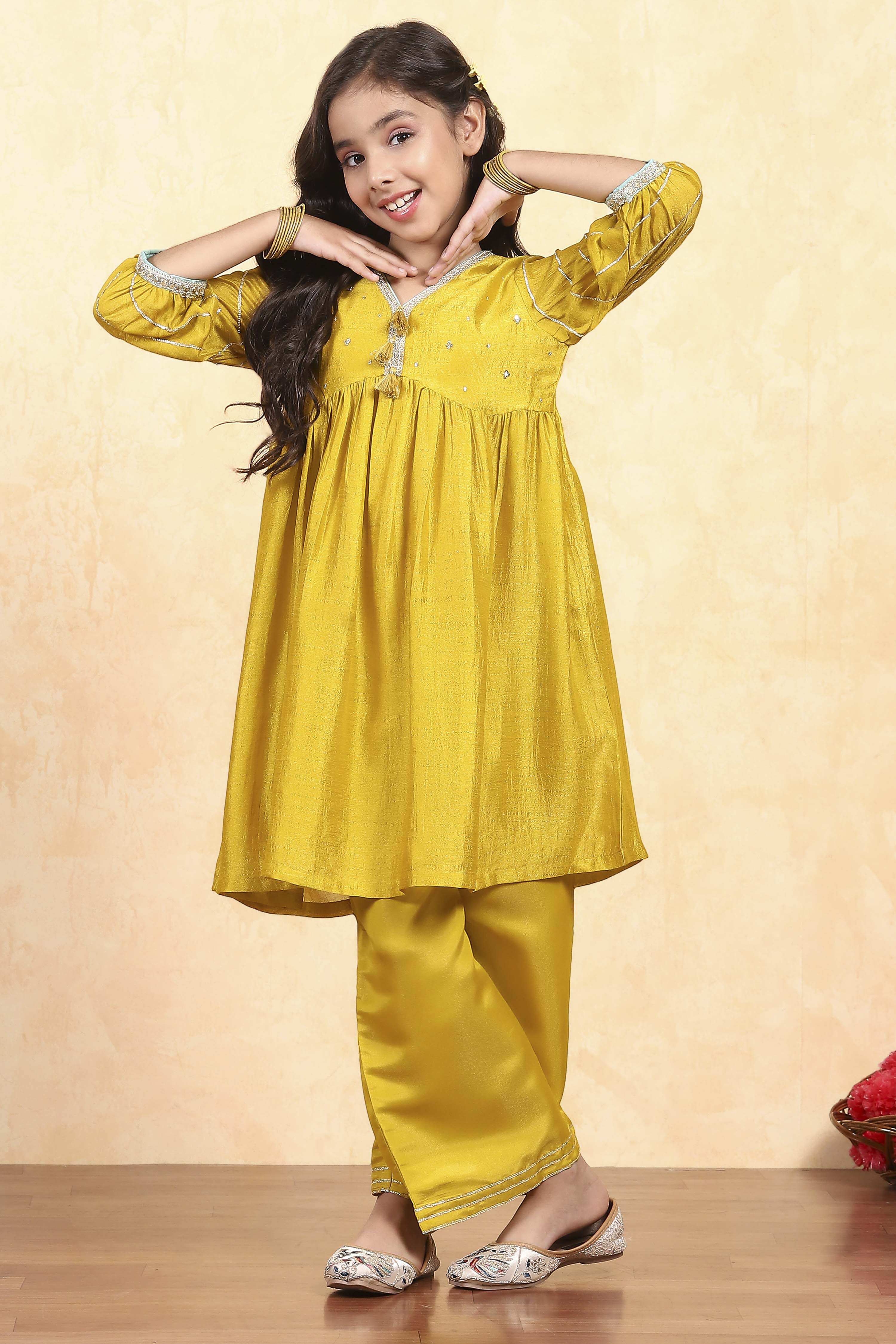 Yellow Polyester Dyed Gathered Kurta Pants Set image number 0