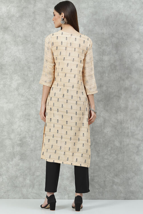 Beige Rayon A-Line Printed Kurta image number 4