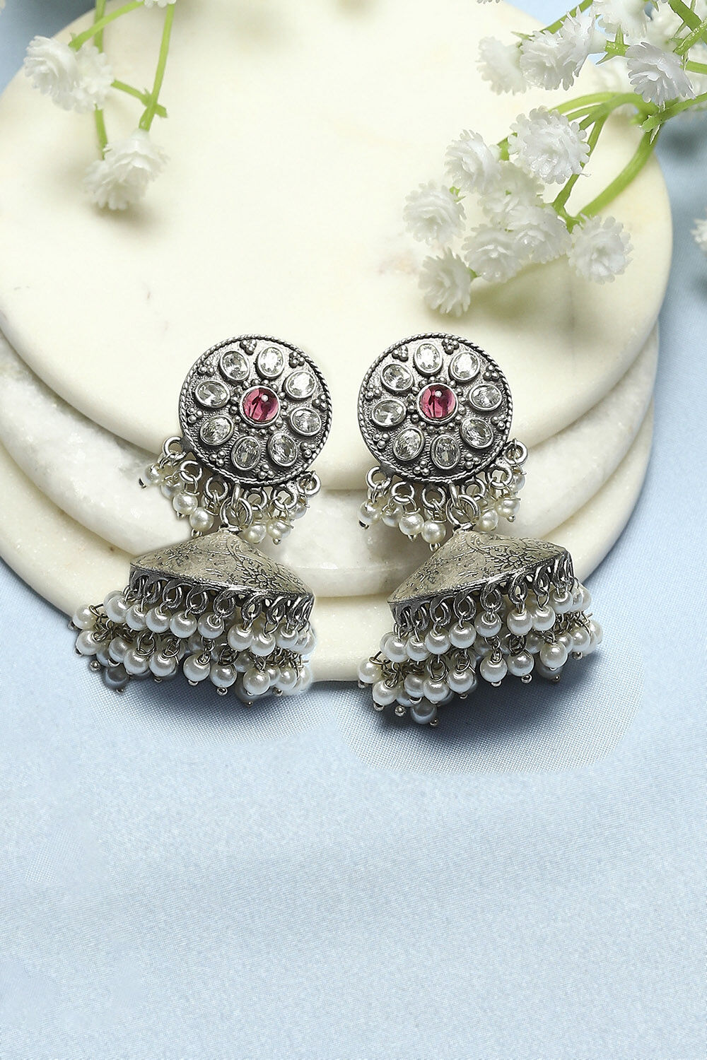 Pink Oxidised Stone Studded Dome Shaped Jhumkas image number 0