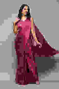 Plum Pre-Draped Saree & A Stitched Blouse With Floral Prints image number 6