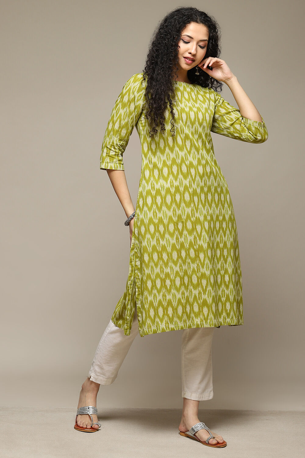 Olive Cotton IKAT Straight Yarndyed Kurta image number 0