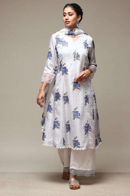 Off White Cotton Blend A-Line Kurta Palazzo Suit Set image number 7