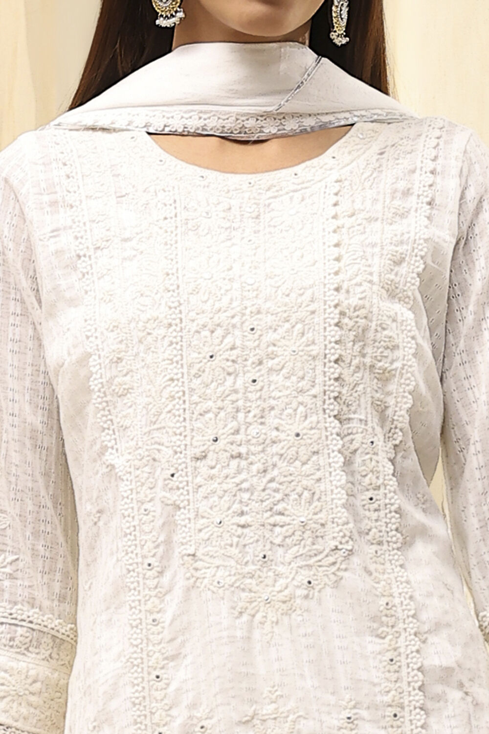 Off White Cotton Straight Embroidered Fusion Set image number 1