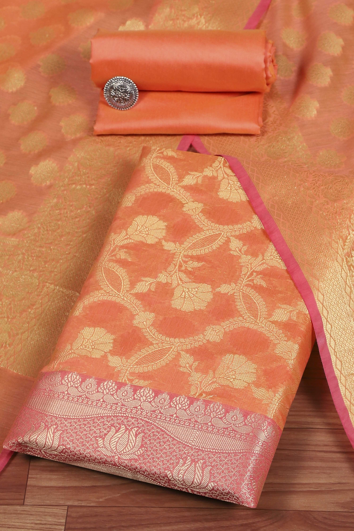 Peach Cotton Printed Embroidered Unstitched Suit Set