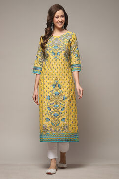 Yellow Cotton Straight Printed Kurta image number 1