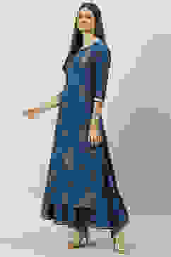 Navy Poly Cotton Flared Printed Dress image number 5