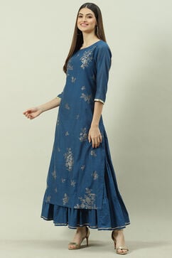 Navy Poly Cotton Flared Printed Dress image number 5