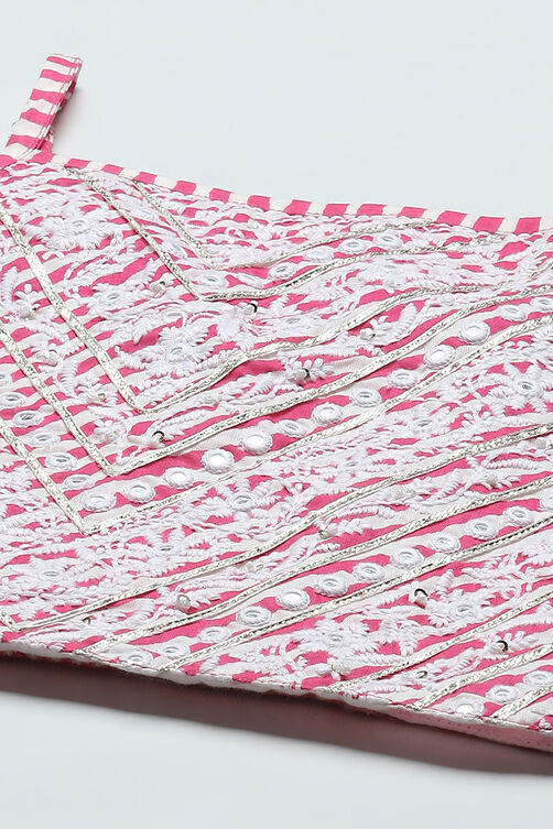 Pink Cotton Embroidered Blouse & Lehenga With Net Dupatta image number 1