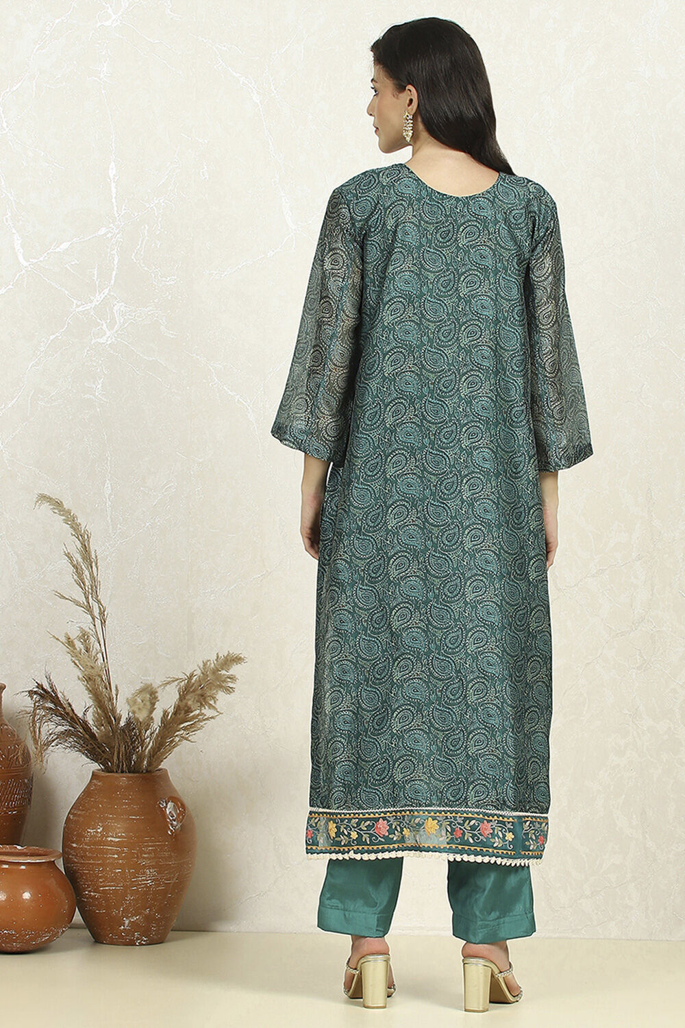 Teal Chanderi Unstitched Suit Set image number 5