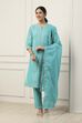 Turquoise Blue Cotton Ethnic Motif Printed Straight Suit Set
