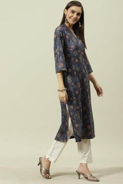 Navy Blue A Line Terry Rayon Printed  Kurti image number 3