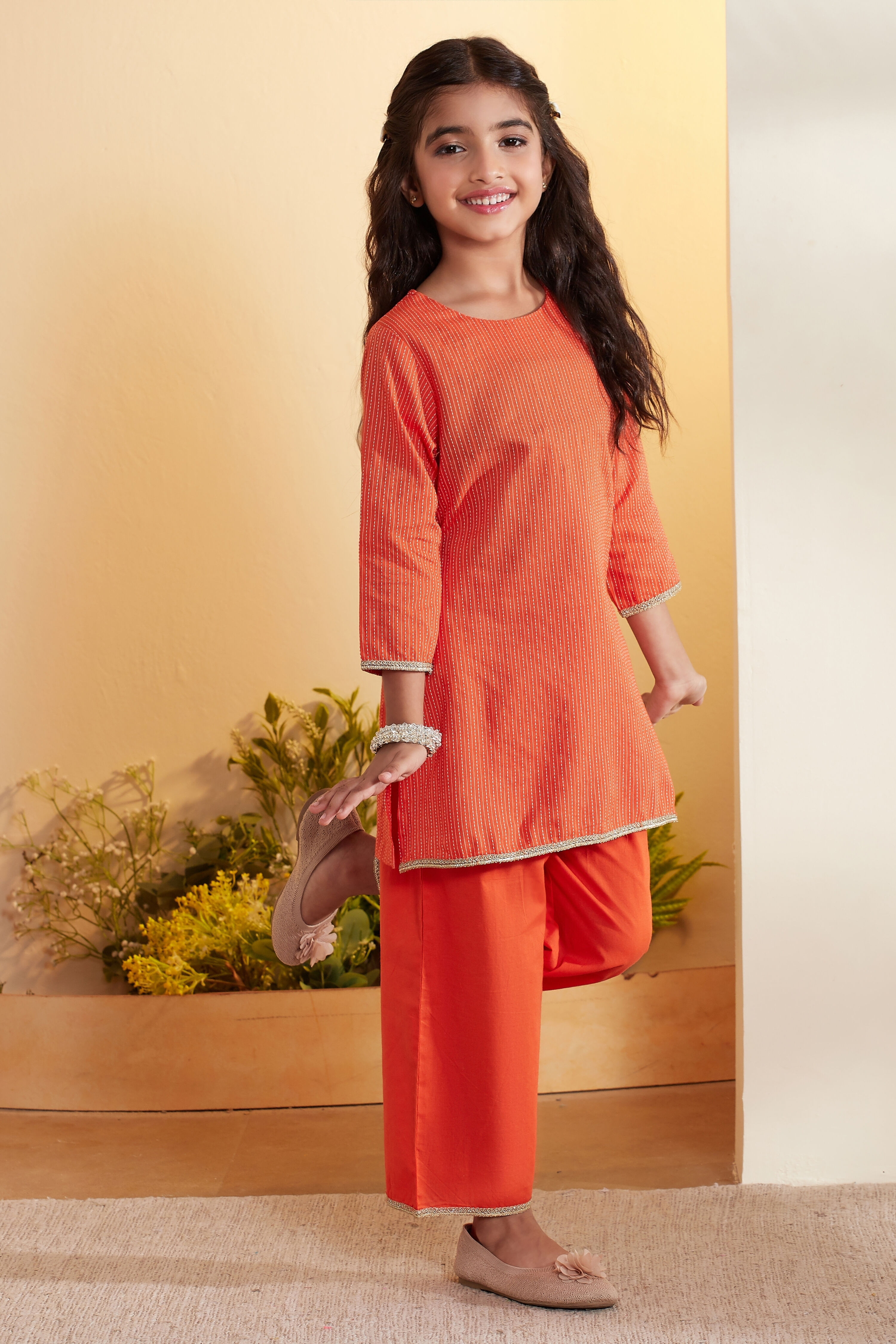 Orange Cotton Straight Kurta Set with Jacket image number 4