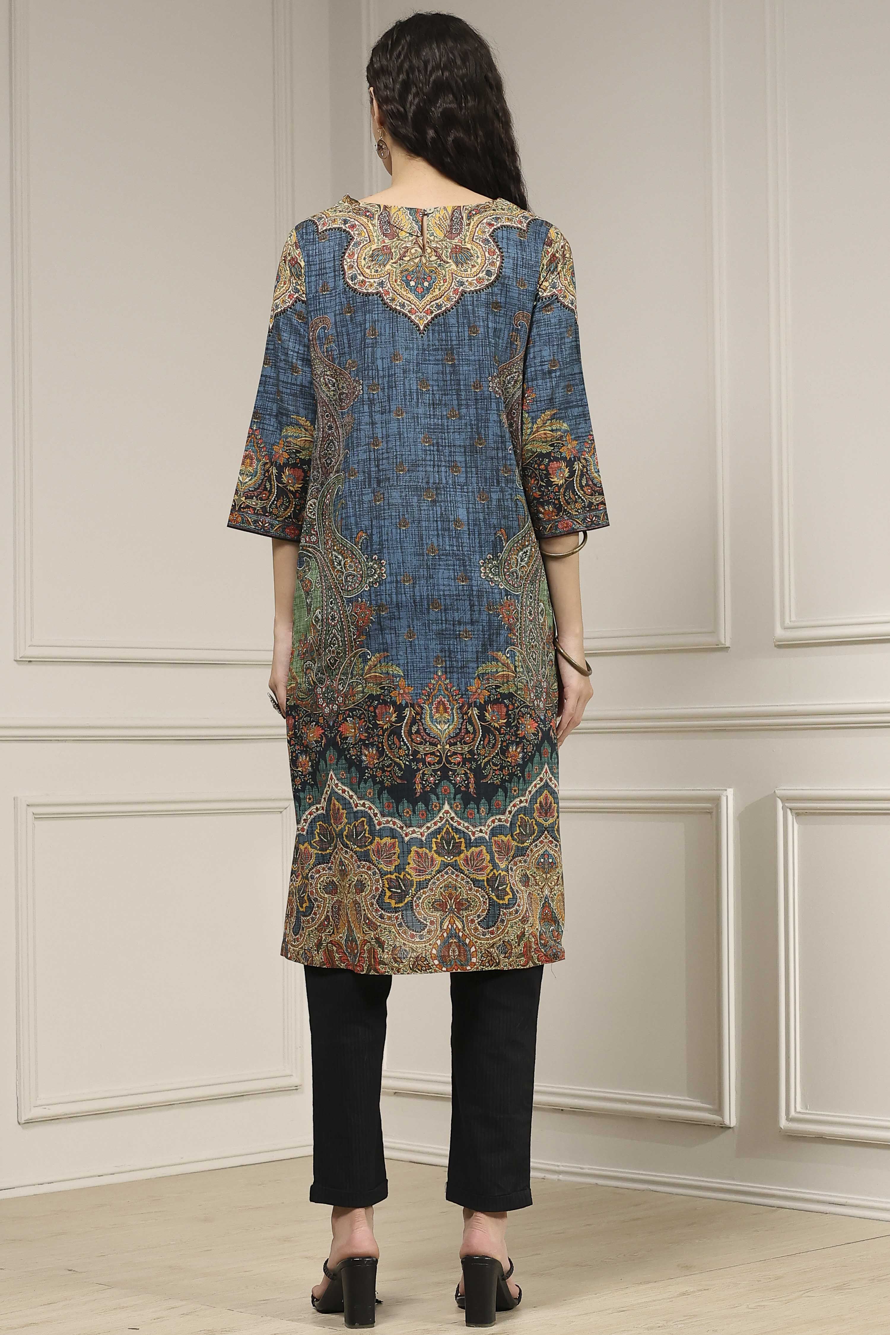 Blue Cotton Printed Straight Kurta image number 3