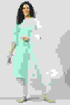 Aqua Blue and White Cotton Straight Suit Set image number 0