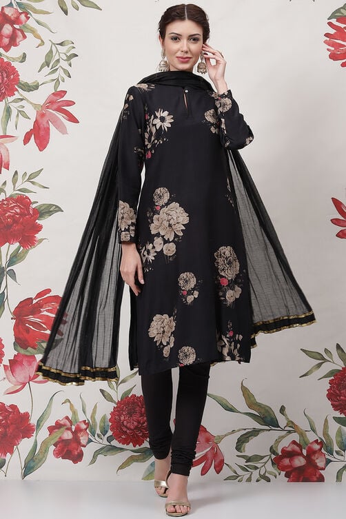 Rohit Bal Black Cotton Silk Straight Printed Suit Set image number 7