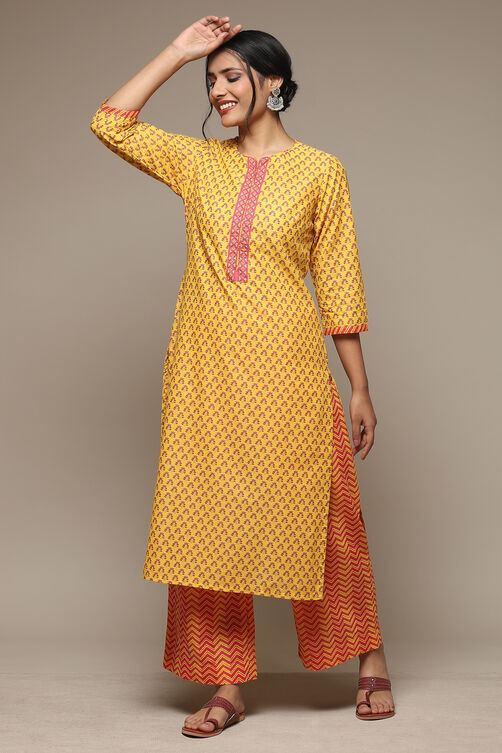 Yellow Cotton Straight Kurta Palazzo Suit Set image number 0