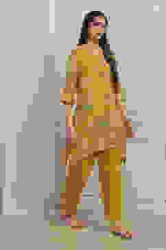 Yellow Viscose Chanderi Asymmetric Suit Set image number 5