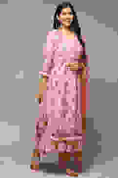 Dry Rose Cotton Blend Layered Kurta Pants Suit Set image number 7