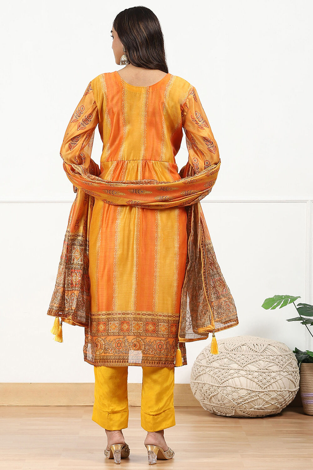 Mustard Yellow Chanderi Printed Unstitched Suit Set image number 3