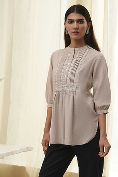 Beige Cotton Yarn-Dyed Short Straight Kurta image number 2