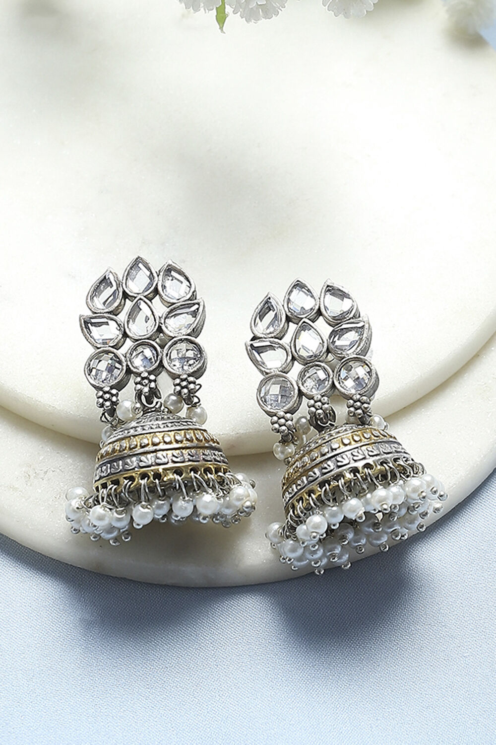 White Stone-Studded Oxidised Jhumkas image number 0