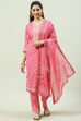 Pink Cotton Screen Print Unstitched Suit Set image number 4