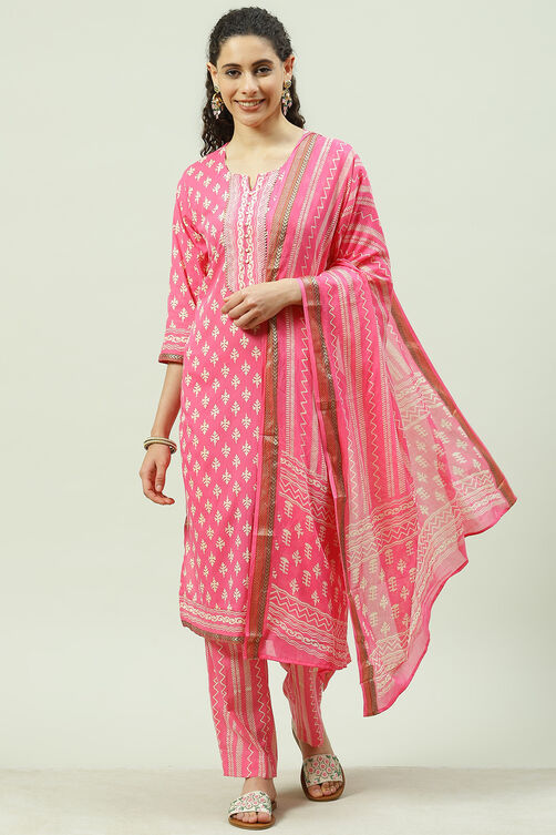 Pink Cotton Screen Print Unstitched Suit Set image number 4
