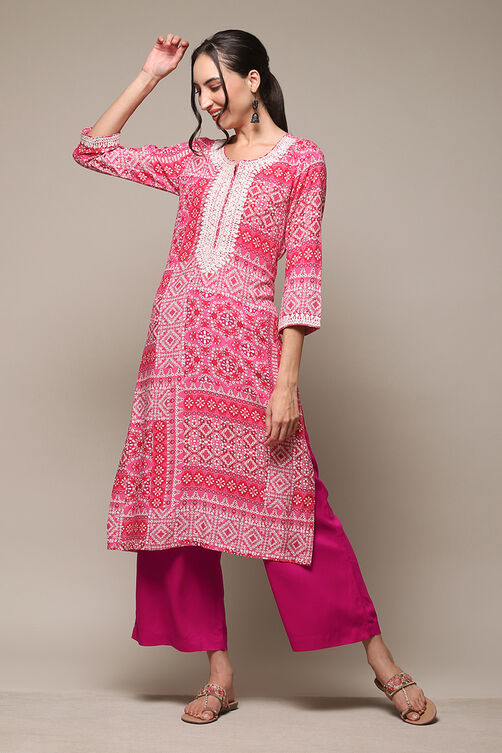 Deep Fuchsia LIVA Straight Printed Kurta image number 3