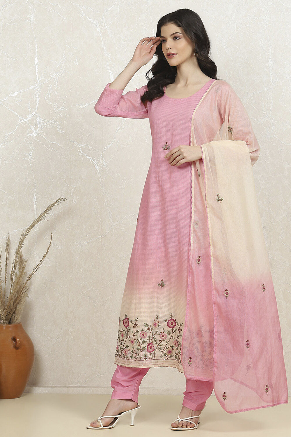 Pink Cotton Hand Embroidered Unstitched Suit Set image number 4