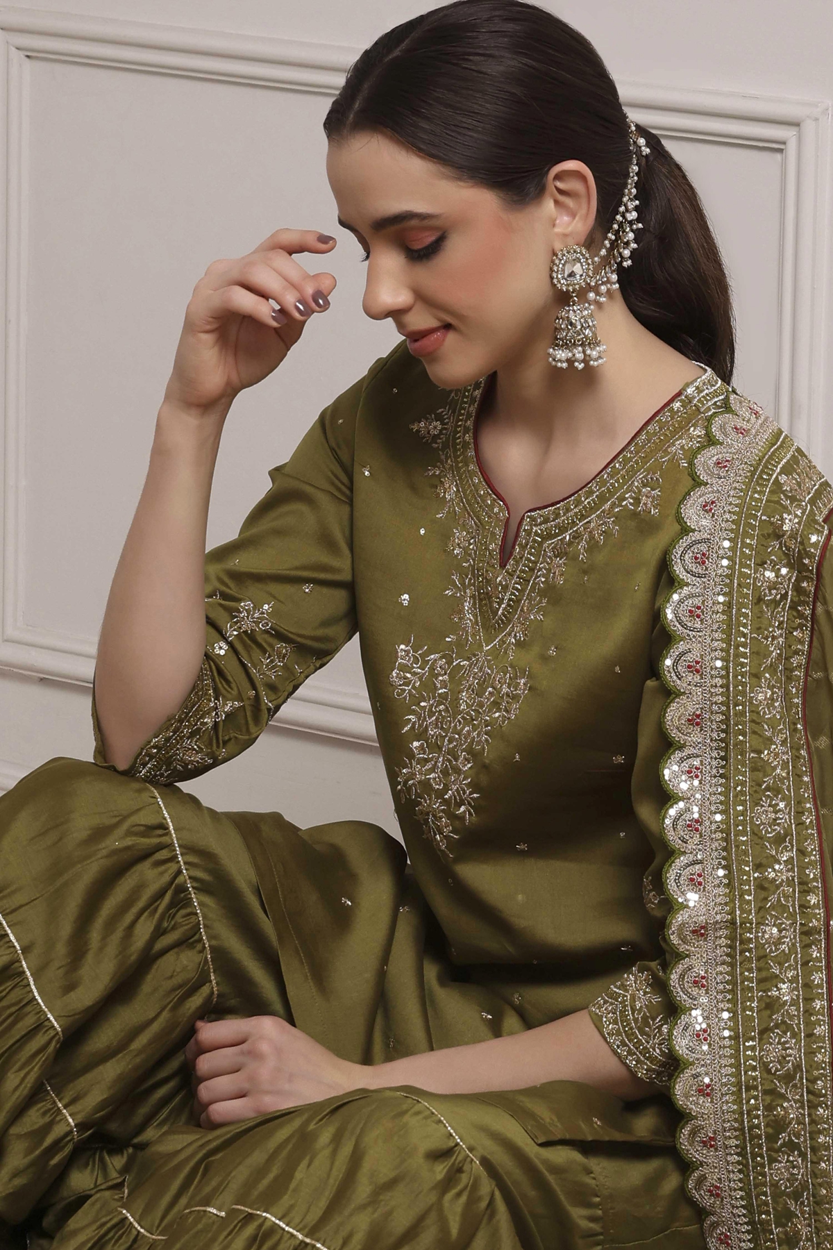 Mehndi Green Cotton Silk Straight Suit Set